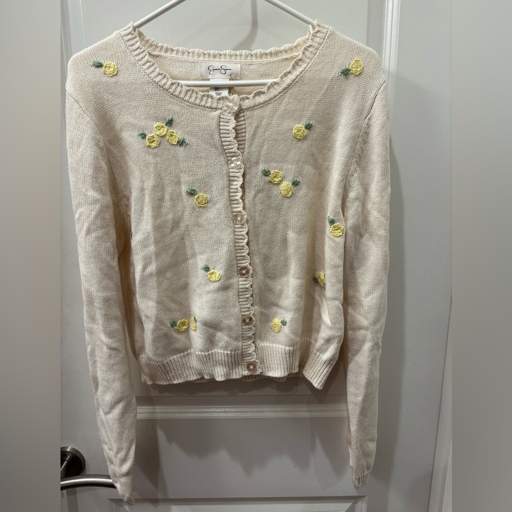 NWT Jessica Simpson Cream Cardigan with Yellow Floral Embroidery - L